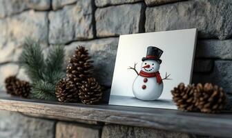 A snowman is sitting on a shelf next to pine cones photo