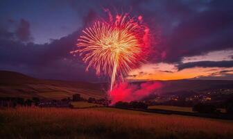 A firework display is lit up in a field at dusk photo