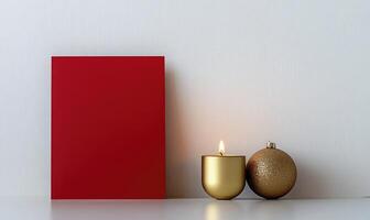 A red frame with a candle and a gold ball on a white background photo