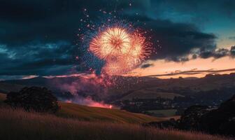 A fireworks display is lit up in the sky over a grassy field photo