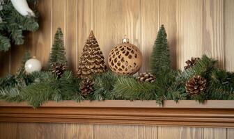 A shelf with a Christmas tree, pine cones, and a ball ornament photo