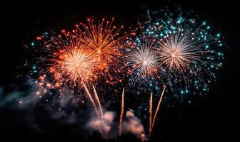 A fireworks display with three different colored fireworks photo