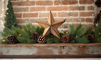 A star is on a mantle with pine cones and a tree photo