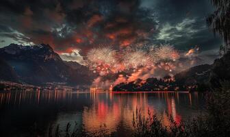 A beautiful lake with a mountain in the background photo
