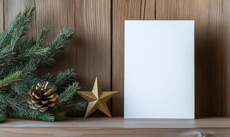 A white card with a star on it sits on a wooden shelf next to a pine cone photo