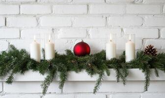 A white brick wall with a mantle shelf photo