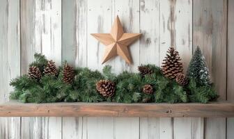 A wooden shelf with a star and pine cones on it photo