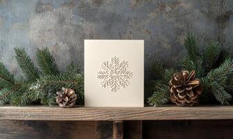A white card with a snowflake on it sits on a shelf next to pine cones photo