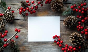 A white card with a red border sits in the middle of a bunch of red berries photo