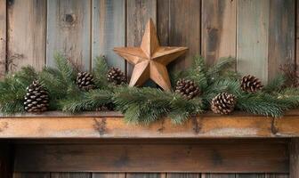 A star is on a mantle with pine cones photo