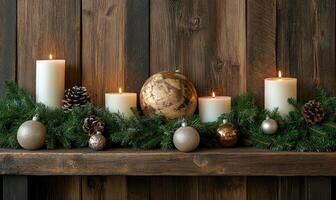 A wooden shelf with candles and ornaments on it photo