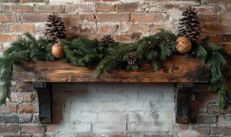 A fireplace mantle with pine cones and a pine tree photo