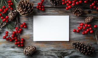 A white card with a red border sits on a wooden table with red berries photo