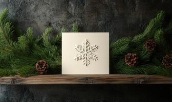 A white card with a snowflake on it sits on a shelf next to pine cones photo