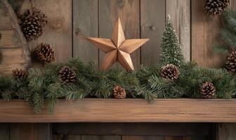 A wooden mantle with a star and pine cones on it photo