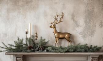 A gold deer statue sits on a mantle next to a fireplace photo