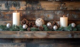 A shelf with candles and pine cones on it photo