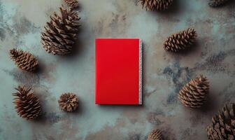 A red book is on a table with pine cones surrounding it photo