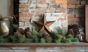 A star is on a mantle with pine cones and a lantern photo