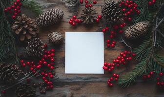 A white card with a red border sits on a table with red berries and pine cones photo