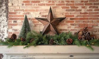 A star is on a mantle with pine cones and a tree photo