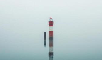 A lighthouse is standing in the water with fog in the background photo