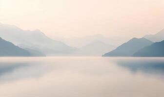 A mountain range is visible in the distance with a calm lake in the foreground photo