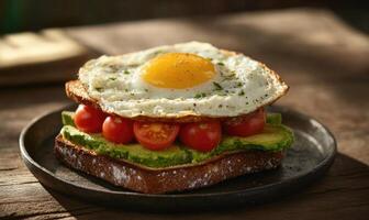 A sandwich with an egg on top and tomatoes and avocado on the bottom photo