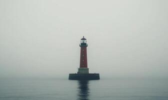 A lighthouse is standing on a rocky island in the middle of the ocean photo