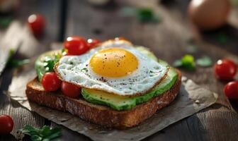 A toasted egg with a slice of tomato on top of a piece of bread photo