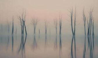 A foggy forest with trees reflected in the water photo
