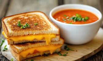 A plate of two grilled cheese sandwiches and a bowl of tomato soup photo