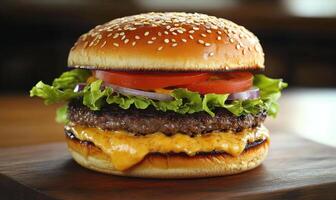A large hamburger with lettuce, tomato, and onions on a wooden table photo