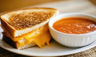A plate with a grilled cheese sandwich and a bowl of tomato soup photo