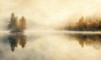 A foggy morning with a lake and trees in the background photo
