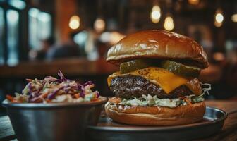 A burger with pickles and cheese sits on a plate next to a bowl of coleslaw photo