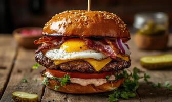 A large hamburger with bacon, egg, and cheese on top photo
