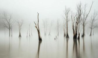 A foggy forest with trees that are dead and have no leaves photo