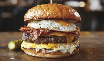 A large hamburger with bacon, cheese, and egg on top photo
