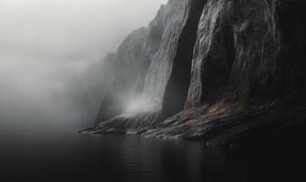 A mountain range with a foggy sky and a body of water in the foreground photo