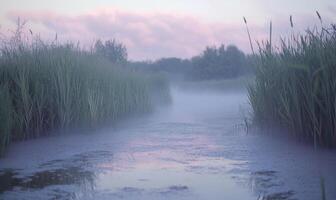A foggy, misty morning in a field with a river running through it photo