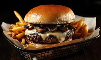A burger with mushrooms and cheese sits on a tray with french fries photo