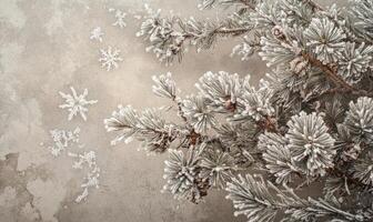 A tree covered in snow with a few snowflakes falling from it photo
