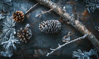 A pine tree branch with pine cones and snow on it photo