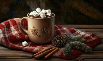 A mug of hot chocolate with marshmallows on a red and white plaid cloth photo
