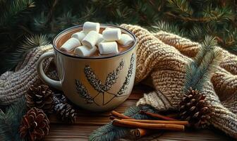 A mug of hot chocolate with marshmallows and cinnamon sticks on a table photo