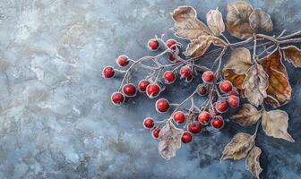 A branch of red berries with frost on them photo