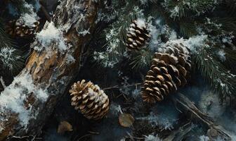 Three pine cones are covered in snow and are sitting on a log photo
