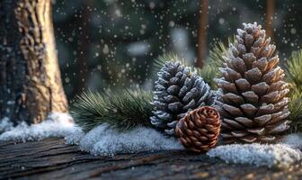 A close up of three pine cones with snow on them photo