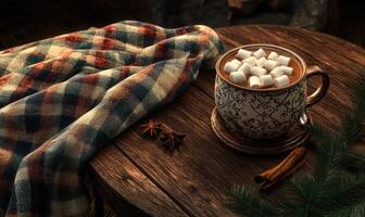 A mug of hot chocolate with marshmallows on top sits on a wooden table photo